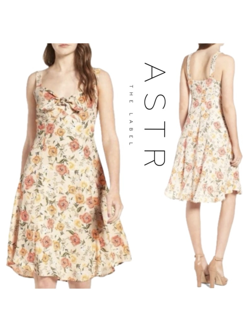 ASTR The Label Floral Tie-Front Dress Sweetheart Sleeveless Boho Coral Orange XS